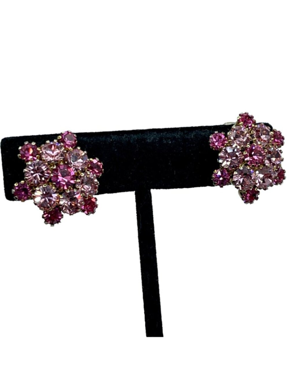 Pink Rhinestone Earrings Two Toned Prong Set Cluster Vintage Clip On Gold Tone - Picture 4 of 16